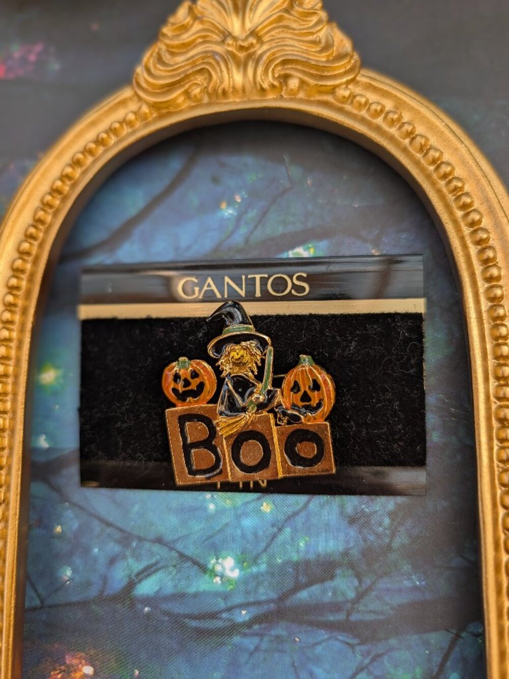 Vintage Deadstock Gantos BOO Halloween witch & pumpkins brooch